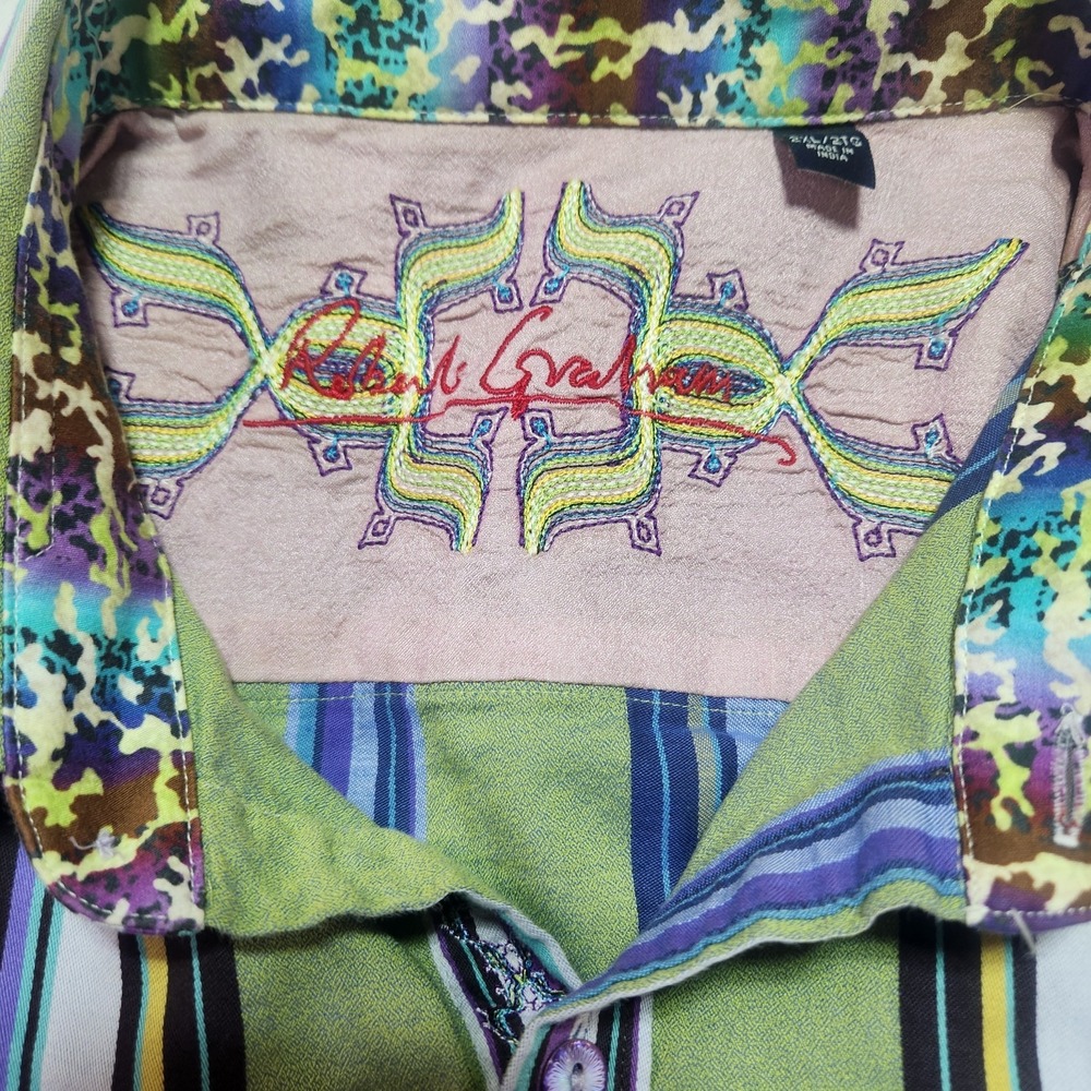 Robert Graham Mens Large Green Striped Button Up Shirt with Turn Cuffs - Picture 9 of 16